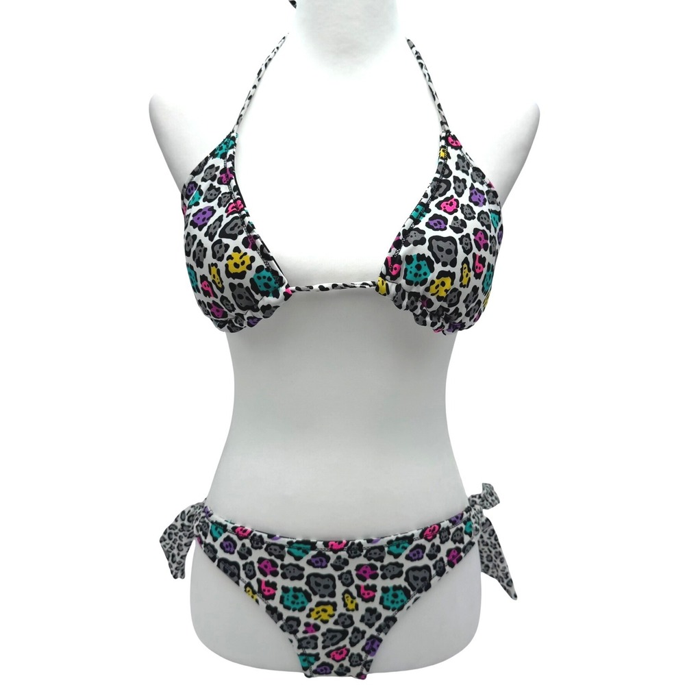Women Medium Colorful Rainbow Reversible Animal Print 80s Halter Bikini Swimsuit